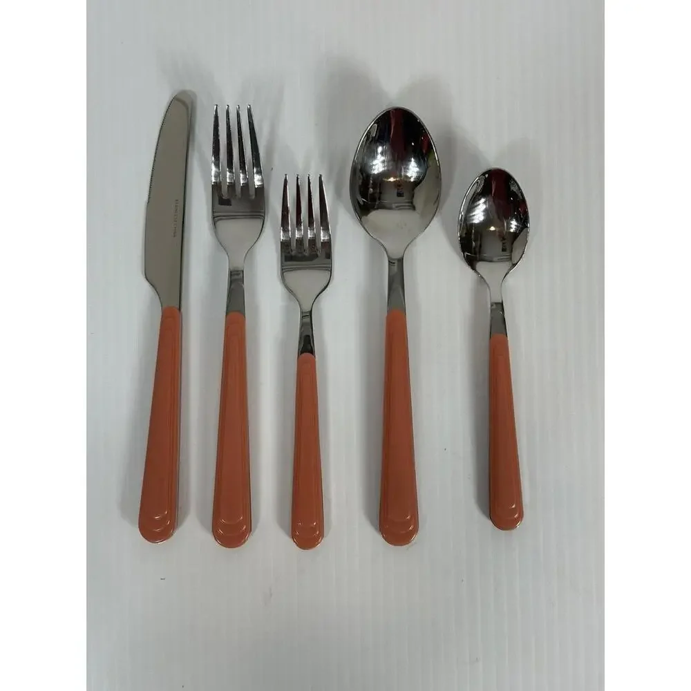19 Pieces Flatware Piece Set Coral Pink Salmon Plastic Handles MCM Made In China